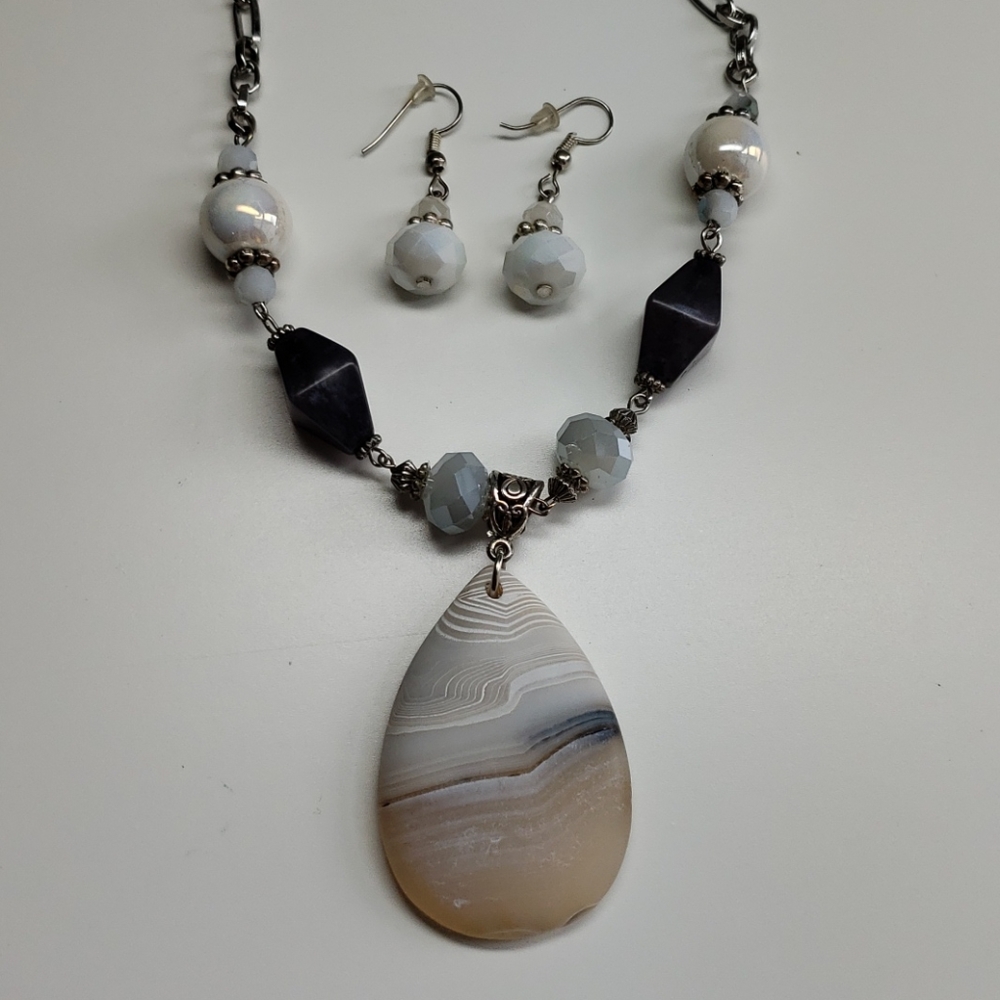 Blue and White Stone Necklace and Earring Set